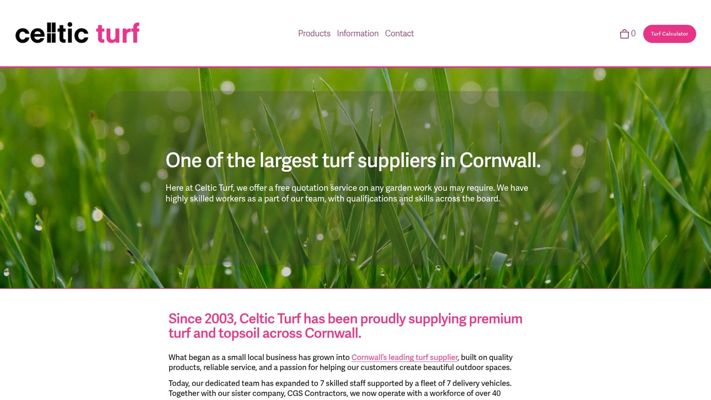 Website design in Cornwall by Lee Searle: homepage of Celtic Turf, one of Cornwall's largest turf and topsoil suppliers
