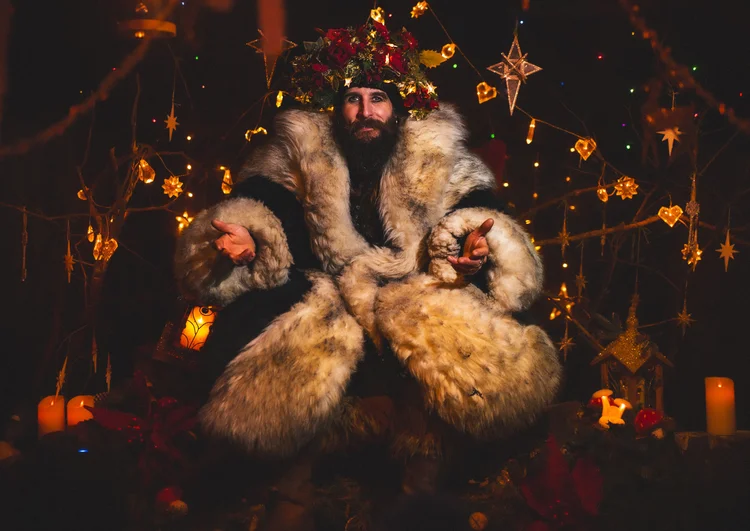 Theatrical portrait of a winter king in furs and candlelight, Cornwall portrait photography