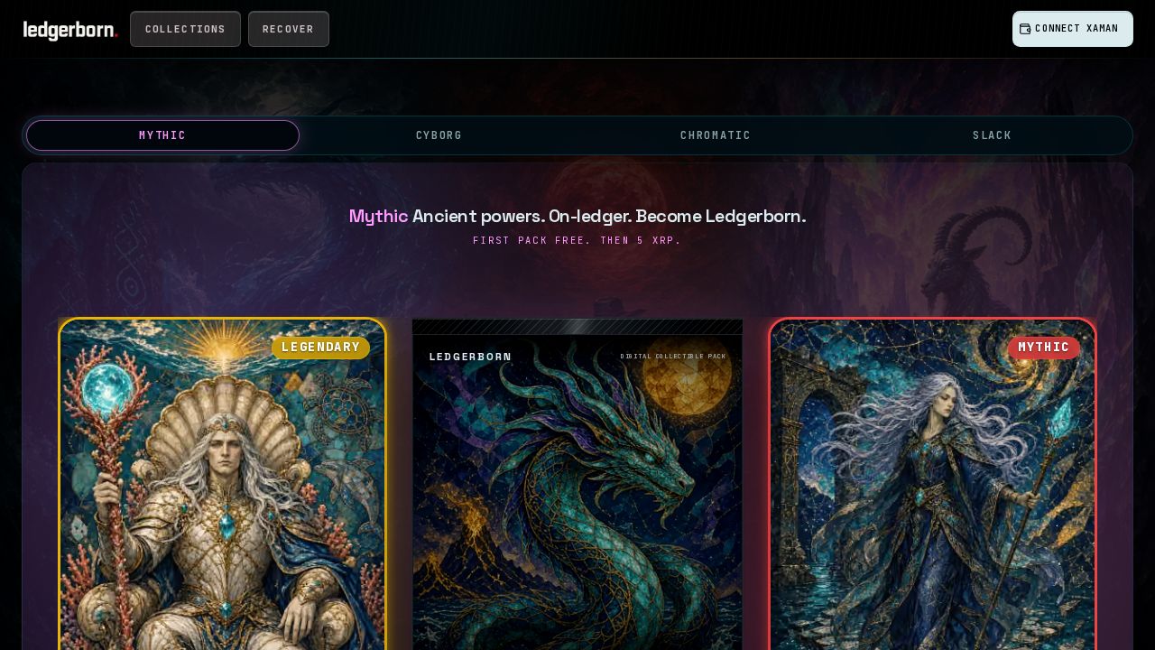 Website design by Lee Searle: homepage of Ledgerborn, a digital collectible card site with a dark, atmospheric design